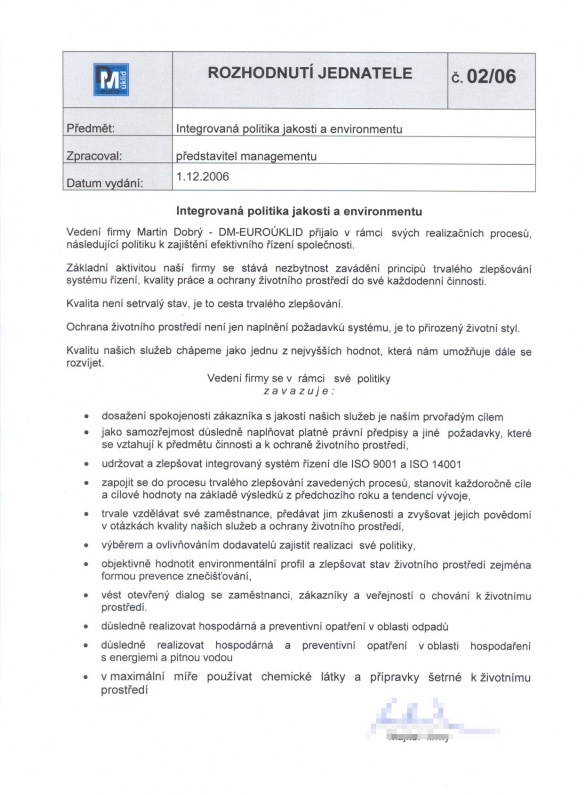 Integrovaná politika jakosti a enviromentu